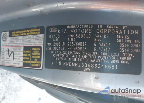 2008 Kia Sedona Ex z USA, uszkodzony, nr VIN KNDMB233986246681